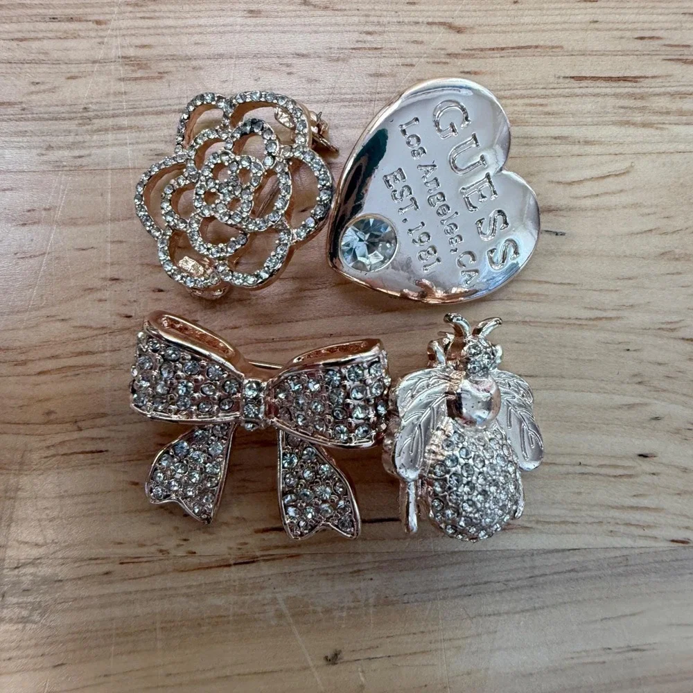 Y2K Coquette Rhinestone Glam Heart Bee Bow Rose Brooch‎ Lot of 4 from Guess